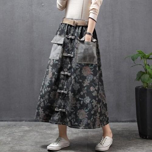 Retro Literary Elastic Waist Denim Skirt Belt Ethnic Style Buckle Long Section A-line Skirt With Pockets Mujer Faldas Print K141