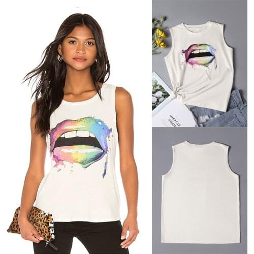 New Fashion Womens summer T-shirt round neck multicolor sexy lips high-quality sleeveless white casual T-shirt