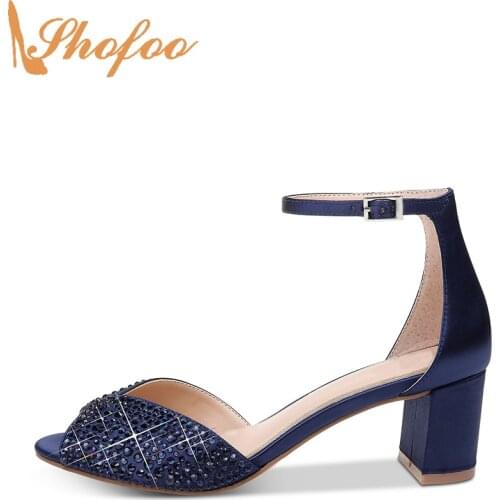 Navy Blue High Chunky Heels Sandals Open Toe Woman Large Size 14 15 Lady Fashion Crystal Ankle Strap Buckle Mature Shoes Shofoo