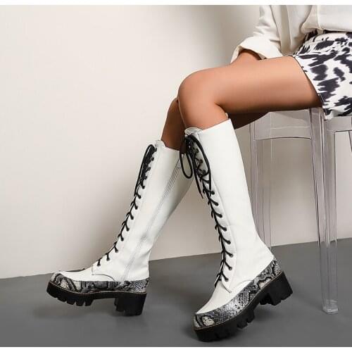 Ladies Knee Boots Autumn Winter New Style Platform Stitching Fashion Printing Womens Shoes Zipper Mid-Tube Boots