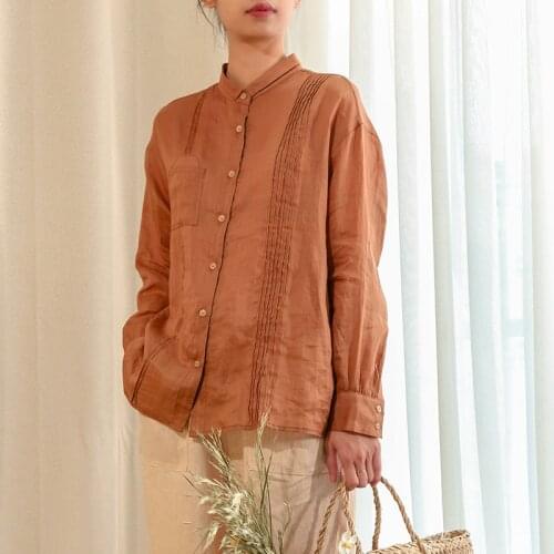 Johnature 2021 New Vintage Ramie Loose Womens Shirts Spring Solid Color Japanese Single-breasted Female Blouses