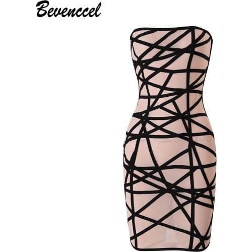 Women Summer 2020 New Sexy Bandage Dress Strapless Mesh Striped Hollow Out Sleevelss Night Out Celebrity Vestidos Women Dress