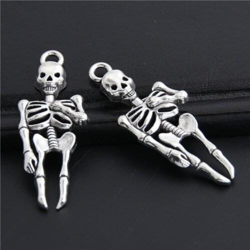 10pcs Punk Style Silver Color Skull Skeleton Charms Pendant For Halloween Jewelry Making 22x27mm A3036