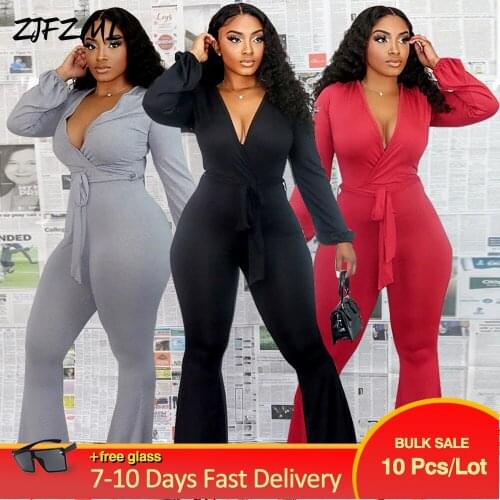 Bulk Items Wholesale Lots Womens Long Jumpsuit Classic Solid Full Sleeve One Piece Bodysuit Concise Female Bell Bottom Overall