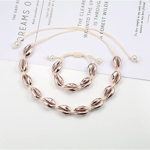 2 pc/set Natural Shell Bracelet Necklace Bohemian Adjustable Hand Knit Rope Necklaces Jewelry for Girl Friendship Beach Seashell