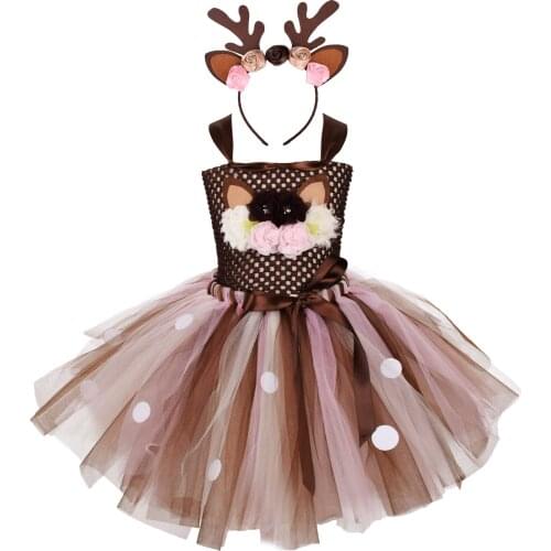 Children Elk Cartoon Deer Bambi Christmas Girl Tutu Dress Mesh Princess Poncho Dress Halloween Cosplay Costumes New Year Clothes