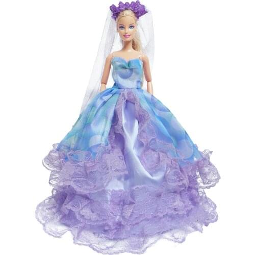 Purple Layered Lace Bride Dress + Veil Doll Wedding Party Outfit Set Elegant Skirt Clothes for Barbie Doll Accessories Toy