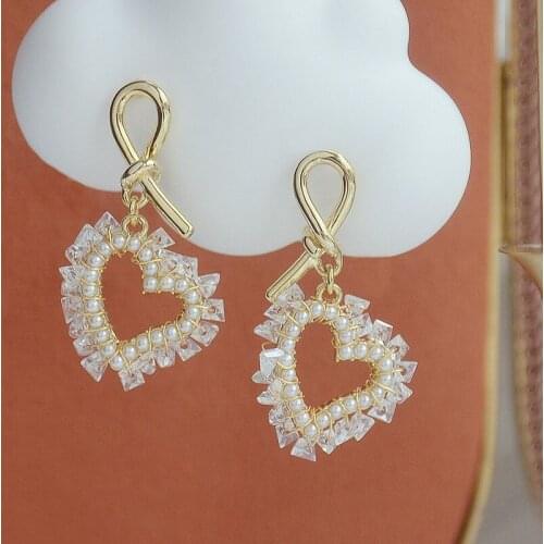 Exquisite 14K Gold Knotted Geometric Heart Zircon Drop Earrings for Women French Style Handmade Earrings Korean Fashion Jewelry