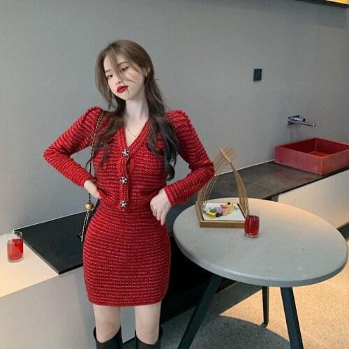 Vintage Fashion Knitting Sweater Suit Femal Autumn Winter New Style Elegant Noble Skirt Suit Cardigan Short Dress Sweet Retro