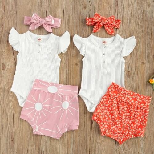 Cute Infant Baby Girl Set Fly Sleeve Button Solid White Knitted Bodysuit + Sun/Floral Print High Waist Shorts 3pcs Outfit