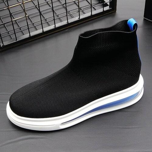 CuddlyIIPanda Men Increased Air Cushion Bottom Platform Shoes Male Summer Breathable Youth Trending Flying Woven Sock Boots