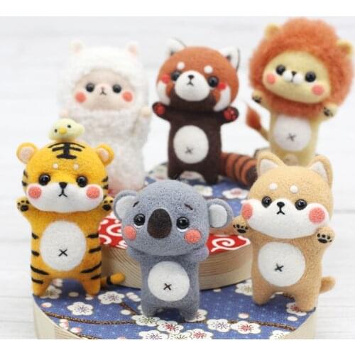 Unfinished DIY Handmade Wool Needle Felt Kit Funny Animal Lion Tiger Sheep Raccoon Koala Felt Material Kit For Children Toy Doll