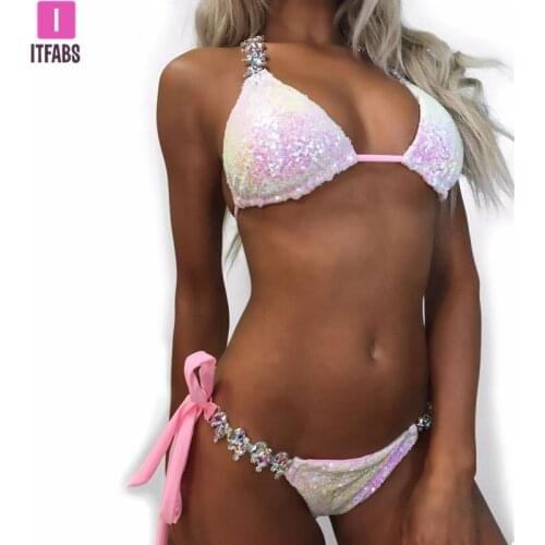 New Ornaments Swimwear Women Sequins Diamond Bikini Set Bathing Suit Sexy Push Up Stones Straps Swimsuit Monokini