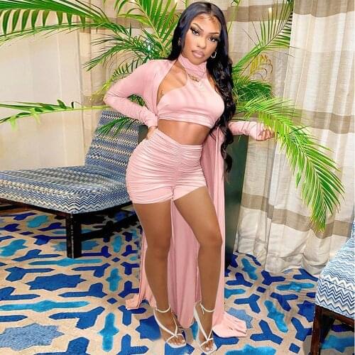 Casual Ruched 3 Piece Matching Sets Fashionable Bandage Crop Top+empire Skinny Shorts+long Sleeve Cardigan Loungewear Outfits