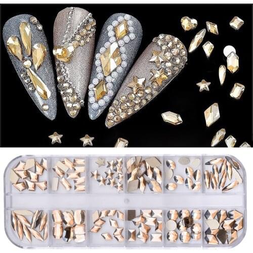 Multi Shape Mix Flatback Nail Rhinestones Golden Shadow Champange 3d Nail Stones Decorations Charms DIY Craft Accessories RH270