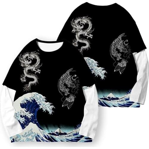 Spring Fashion Black Dragon Print Fake Two Pieces Sweatshirt Couple Hip Hop Long Sleeve T-shirt Pullover Clothes