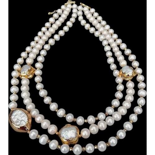 Y.YING 3 Rows Cultured White Freshwater Pearl Flower Olive Shape Pearl necklace 18"
