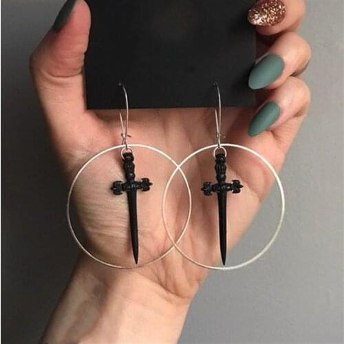 BLACK sword earrings circle The dark witch pendant Gothic Antique sword jewelry A gift for your girlfriend women classical new