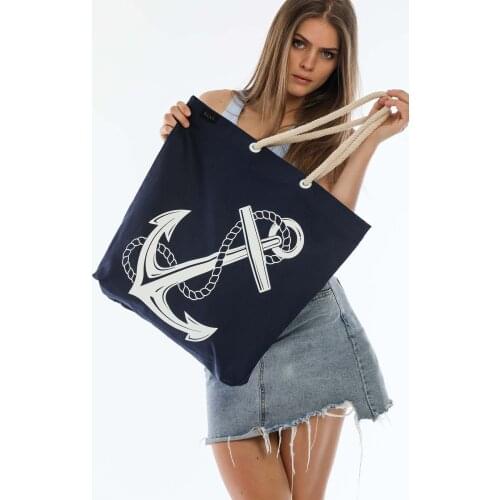 Baag Istanbul Design Anchor Printed Nature Rope Cord Cotton Large Size Womens Beach Bag