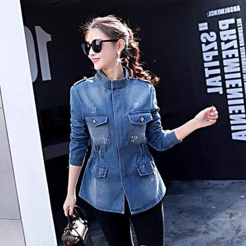 Women Zipper Slim Fit Long Sleeve Stand Collar High Street Hole Ripped Retro Jacket Female Denim Short Coats Jean Plus Size