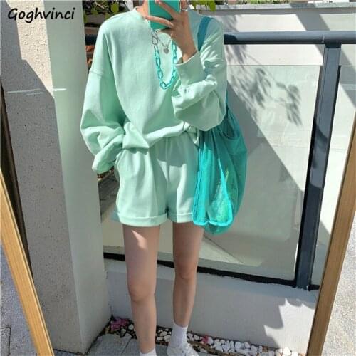 Sets Women Korean Style Candy Colors Autumn New Fashion Causal Joggers Solid Long Sleeve T-shirts Empire Elastic Waist Shorts