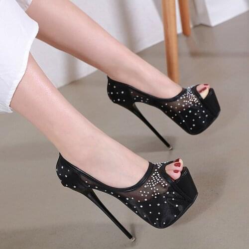 Summer New Mesh (Air mesh) Womens Shoes Party Slip-On Solid Fashion Shallow Cover Heel Thin Heels Fish mouth Super High (8cm-up)