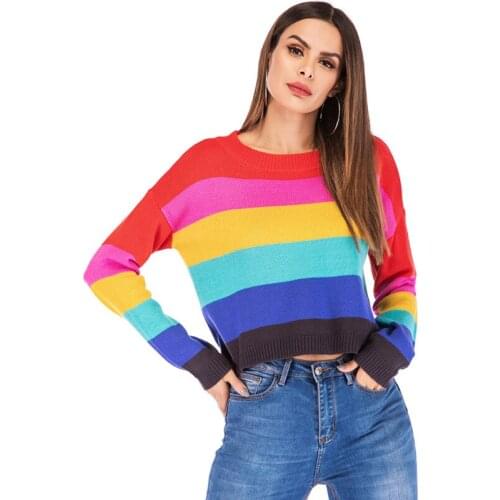 Womens Rainbow Sweater Autumn Winter Ladys Long Sleeve Fashion Loose Striped Knitted Shirts Jumpers Pullover Tops