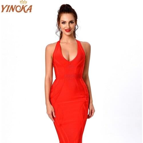 Yinoka Women Red Bodycon Bandage Dress Sexy V Neck Elegant Slim Club Celebrity Evening Runway Party Long Dresses