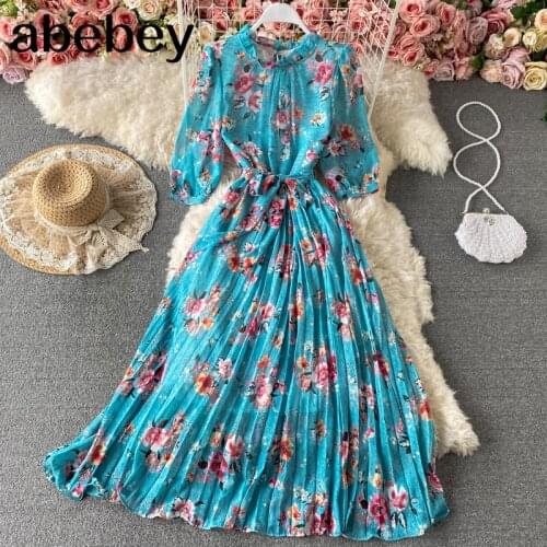 Women Retro Print Long Dress Korean stand-Collar short Sleeve Button A-line Dresses Spring Streetwear Ruffles Dress