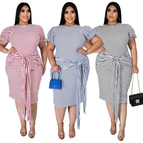 L-5XL Plus Size Women Clothing Casual Dress Summer 2021 Fashion Simple O Neck Stripe Short Sleeve Wholesale Dropshipping
