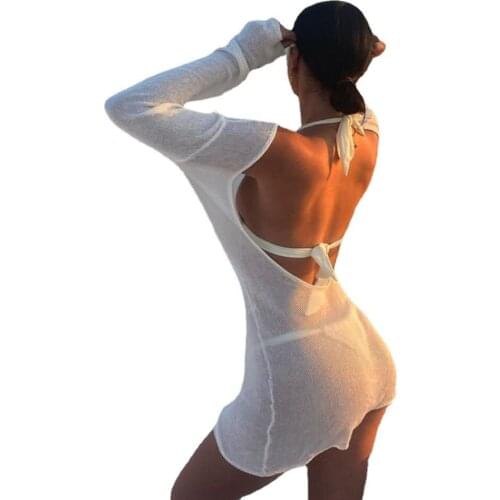 New 2021 summer long sleeve sexy backless o neck cotton mini dress Womens white knitted see through beachwear beach dress