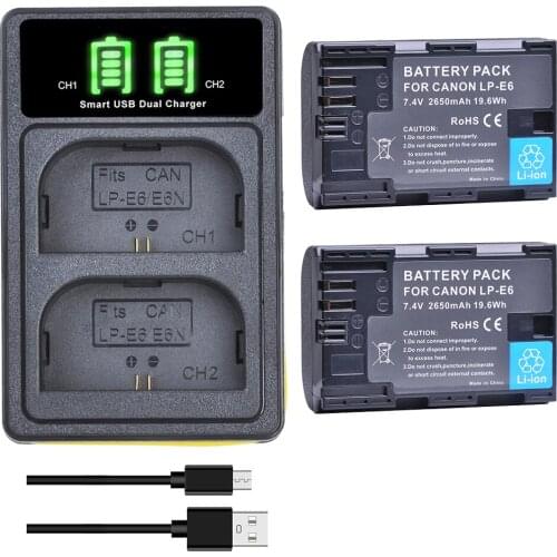 2650mAh LP E6 LP-E6N Battery + LED Dual Charger For Canon EOS 5DS R 5D Mark II 5D Mark III 6D 7D 70D 80D Camera
