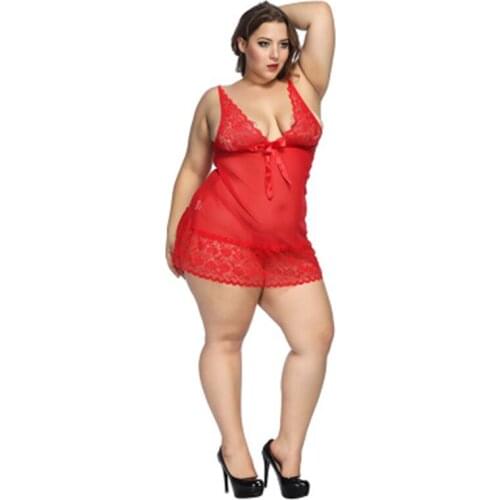 6XL Sexy Women Plus Size Lingerie Sleepwear Ladies Sling Nightgown Lace Bowknot Nightwear Mesh Babydoll Large Night Dress Set