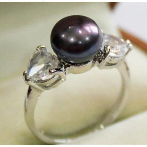 Free Shipping new! ladys silver plated ring with crystal decorated & 9-10mm black shell pearl ring(#7 8 9 )