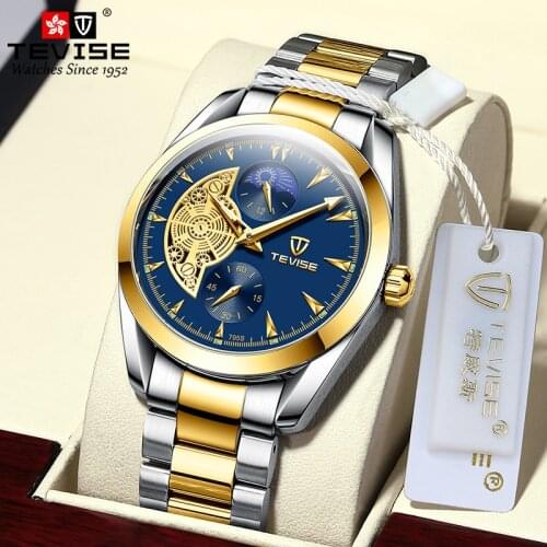 TEVISE Moon Phase Watch Luminous Stainless Steel Mens Wristwatches Quartz Business Watch Fashion Dress Male Clock Dropshipping