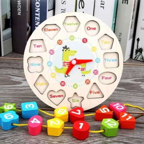 Wooden Early Childhood Educational Puzzle Color Shape Cognitive Cartoon Animal Number Stringing Beaded Building Block Clock Toy
