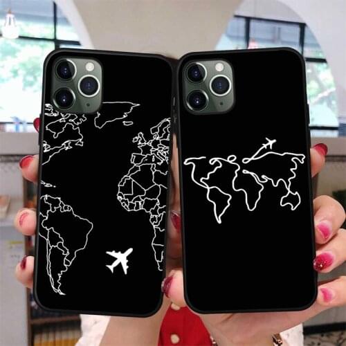 World Map Travel Phone Case for iPhone 12 11 Pro Max XR X XS Max 6 8 7 Plus SE 2020 Frosted black Silicone Cases Soft Back Cover