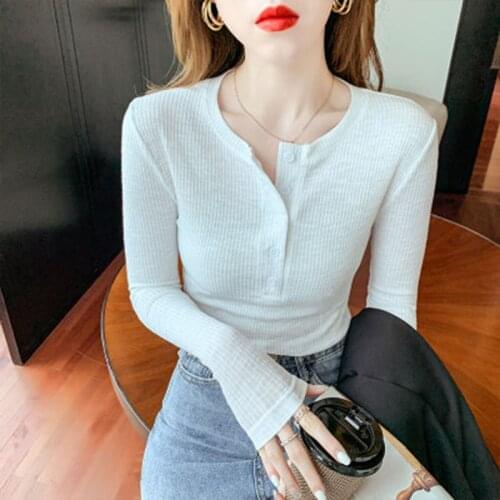 Sexy Slim T Shirt Women 2021 Spring Autumn Top Korean Style Button Long Sleeve T-Shirt Woman Clothes Elasticity Tee Shirt Femme