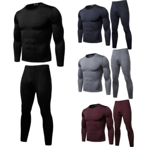 Mens Winter Thermal Underwear Suit Mens Pajamas set Comfortable Warm Ultra-Soft Circular Collar Pure Color Warm Clothing Set