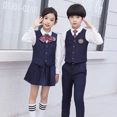 Boys Girls School Uniform Set Children Kindergarten Uniform Clothes 2021 Fall Teen Suit Shirt & Vest & Pants 3 Pieces Set,#6468