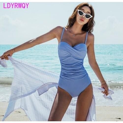 LDYRWQY 2021 new Korean version of fashion cover belly slim sexy sling solid color chest gathered bikini swimsuit