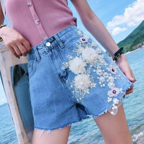 Summer Fashion Womens High Waist Black Red Black Embroidery Flower Denim Shorts , Woman Wide Leg 5xl Tassel Jeans Shorts