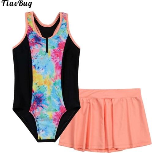 TiaoBug Summer 2Pcs Kids Girls Swimming Suit Round Neck Sleeveless Racer Back Keyhole Back One-Piece Swimming Jumpsuit And Skirt