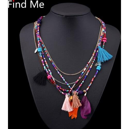 Find Me Bohemia Multilayer Woven Beaded Necklaces Ethnic Feather Tassel Necklace Women Fashion Jewelry