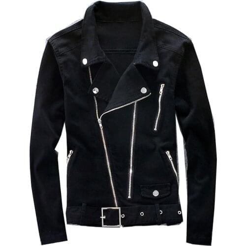 2021 new fashion mens motorcycle denim jacket multi-zip belt jeans punk fit street coat