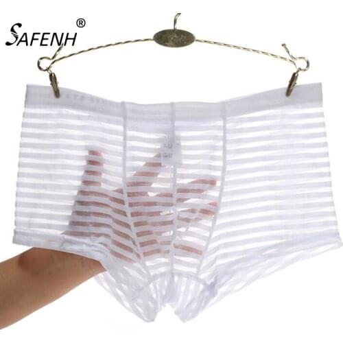 Men Underwear Boxer Stripe Mens Mesh Transparent Boxer Low Waist Ultra Thin Ice Silk Sexy Breathable Underwear