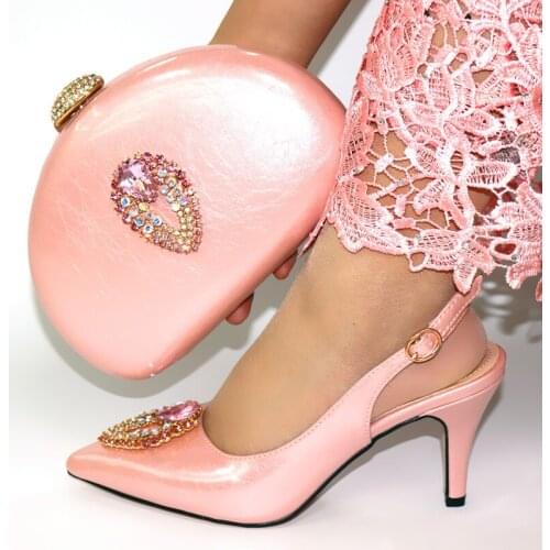 New fashion pink women pumps match handbag set with rhinestone african shoes for dress CR892,heel 9.3CM