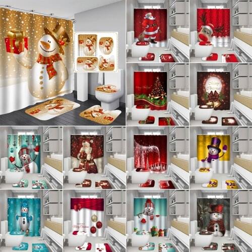 Christmas Tree Snowman Santa Shower Curtain Bathroom Set Waterproof Bath Curtains Xmas Non Slip Toilet Cover Floor Mat Rug