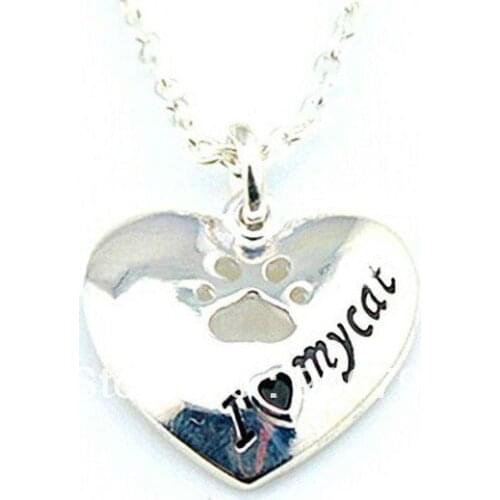 Heart With Text I Heart My Cat And Cat footprints Necklace