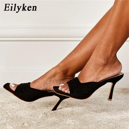 Eilyken New Summer Women Square Toe Ladies Heel Mules Sexy High Heels Slippers Slippers Female Black Fashion Woman Shoes